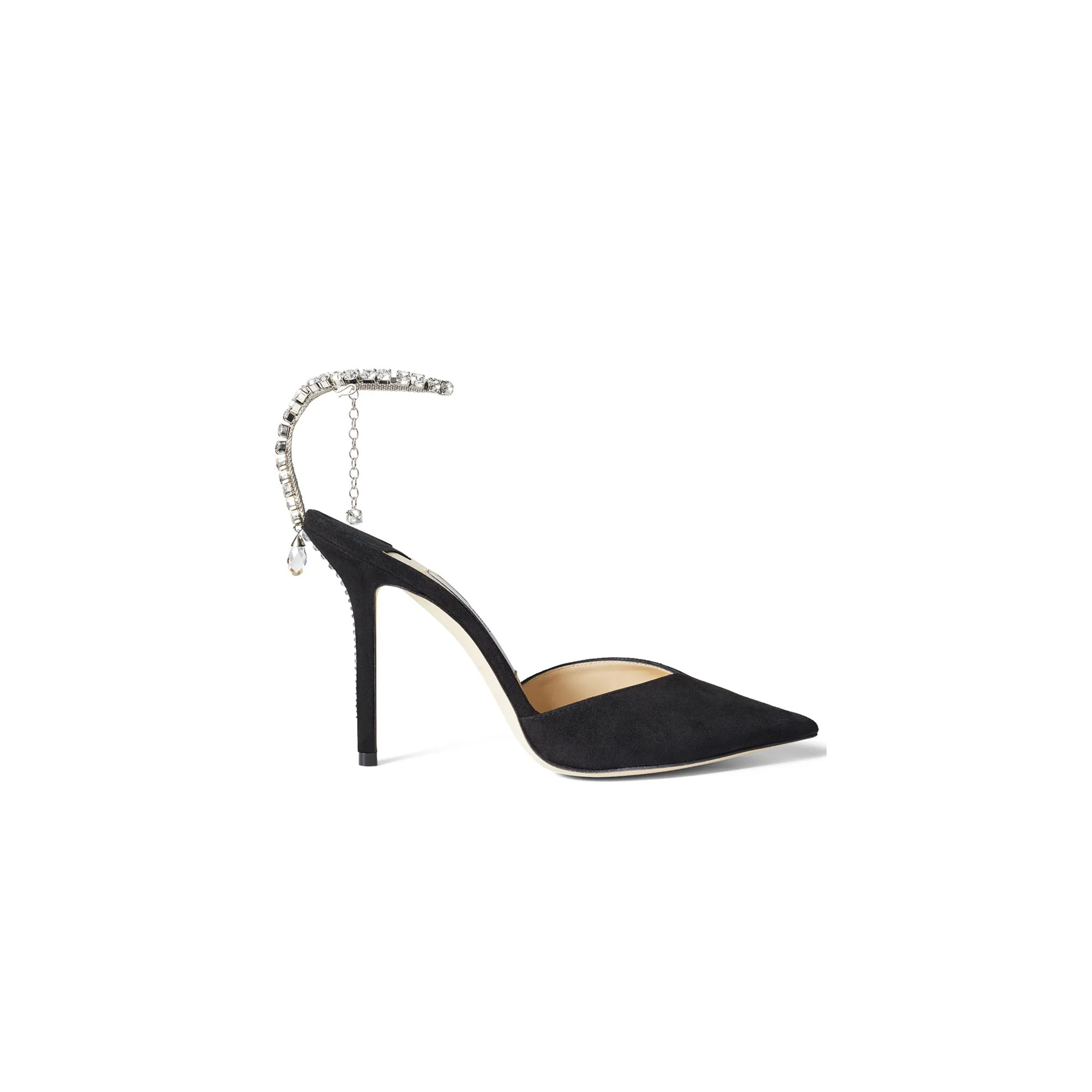 JIMMY CHOO SAEDA 100 BLACK SUEDE PUMPS WITH CRYSTAL EMBELLISHMENT SAEDA100EWA